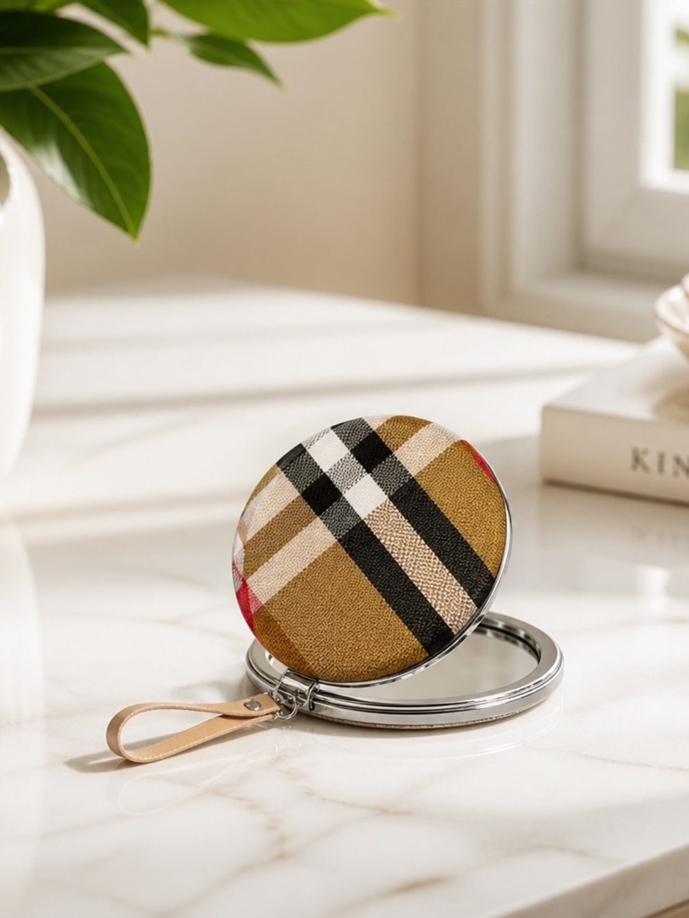 Classic Plaid Round Keychain Pouch with Beige Leather Strap